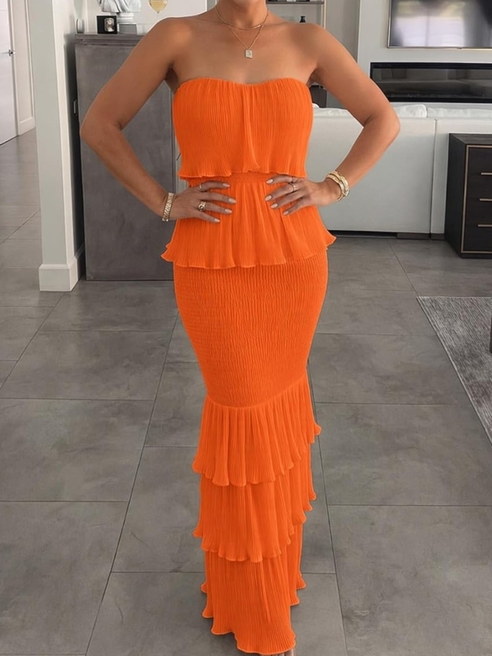 NWT CHICME Strapless Tiered Ruffle Maxi Dress